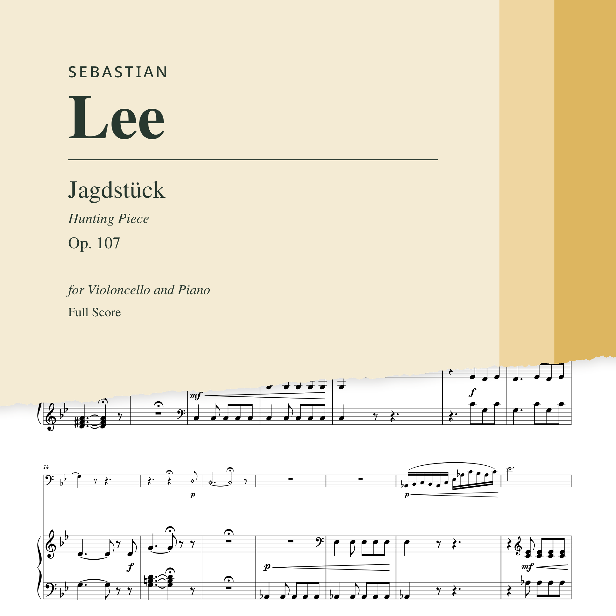 Jagdstück, Op. 107 by Sebastian Lee, Leeward Press edition cover and score detail